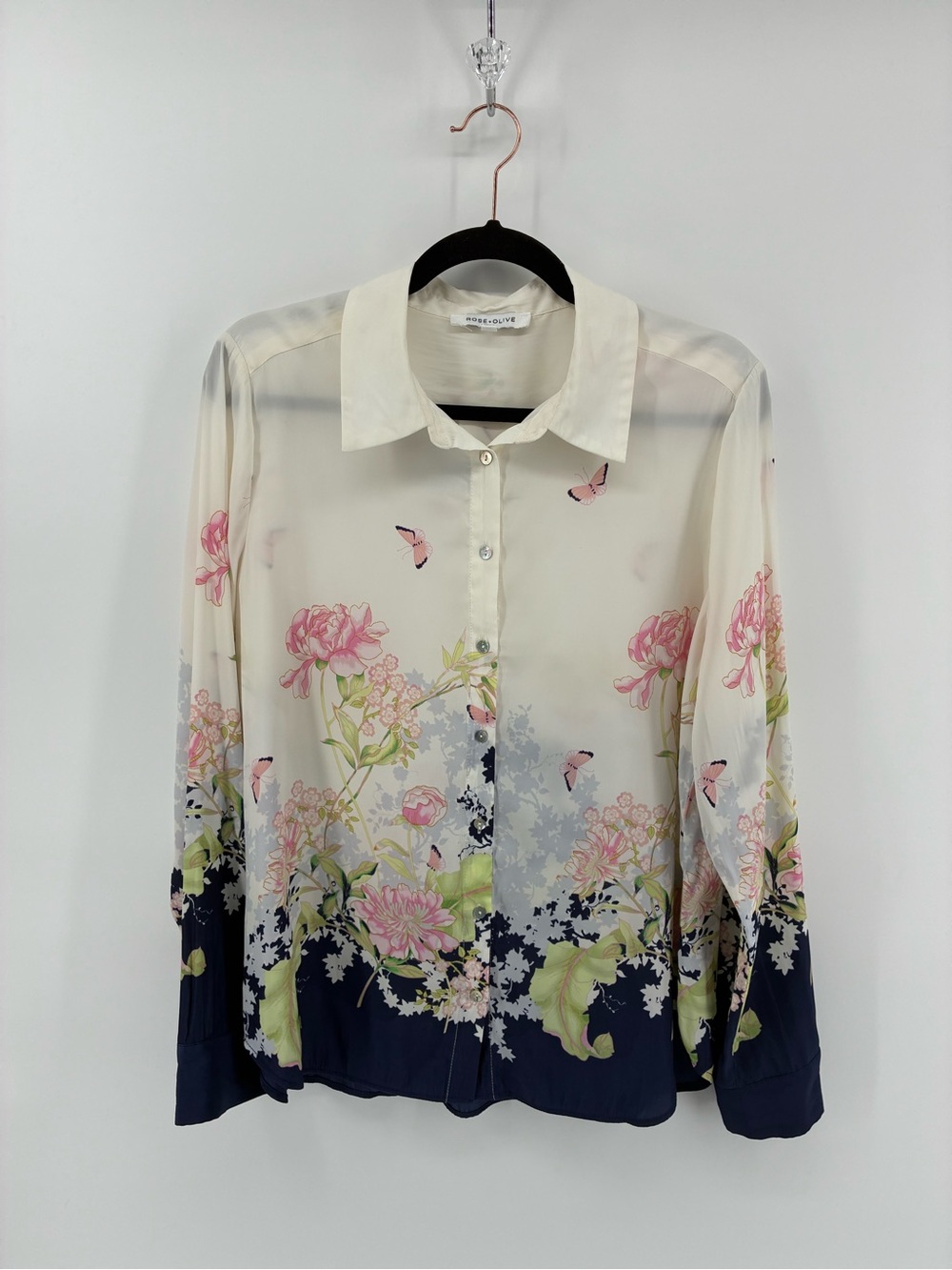 Floral Butterflies Button-Up Blouse in Ivory and Navy - Picture 2 of 11